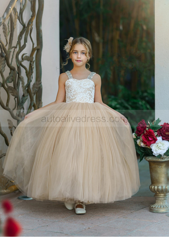 Beaded Straps Ivory Lace Champagne Tulle V Back Flower Girl Dress